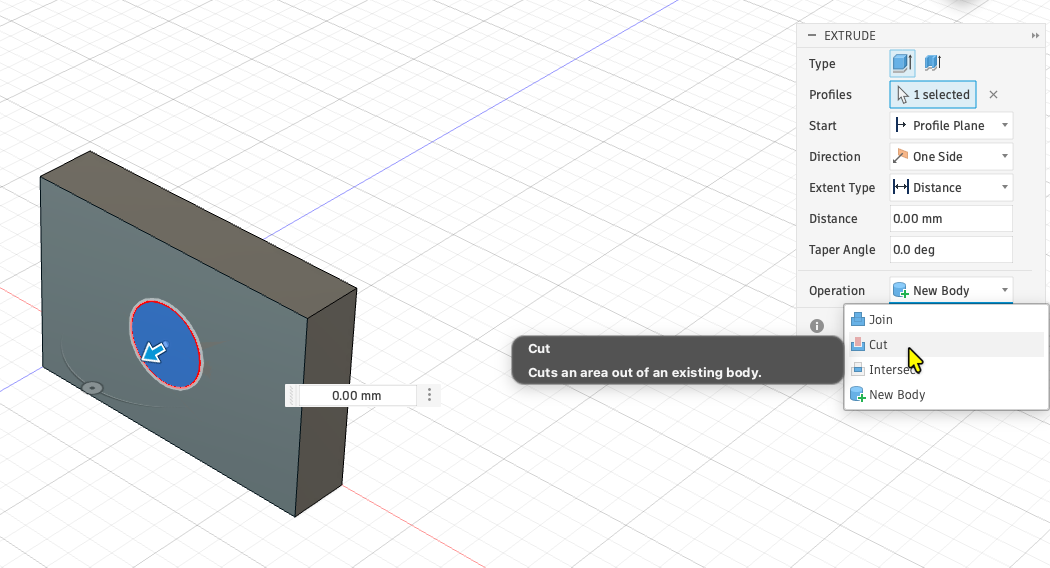 Im Extrude-Dialog Operation &rarr; Cut ausw&auml;hlen